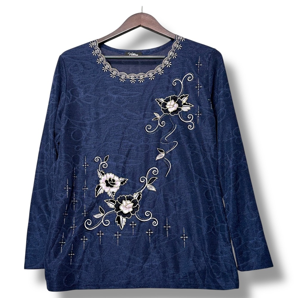 Victoria Embroidered Floral Top Blue XL/XXL Plus Size Retro Artsy Boho Classic